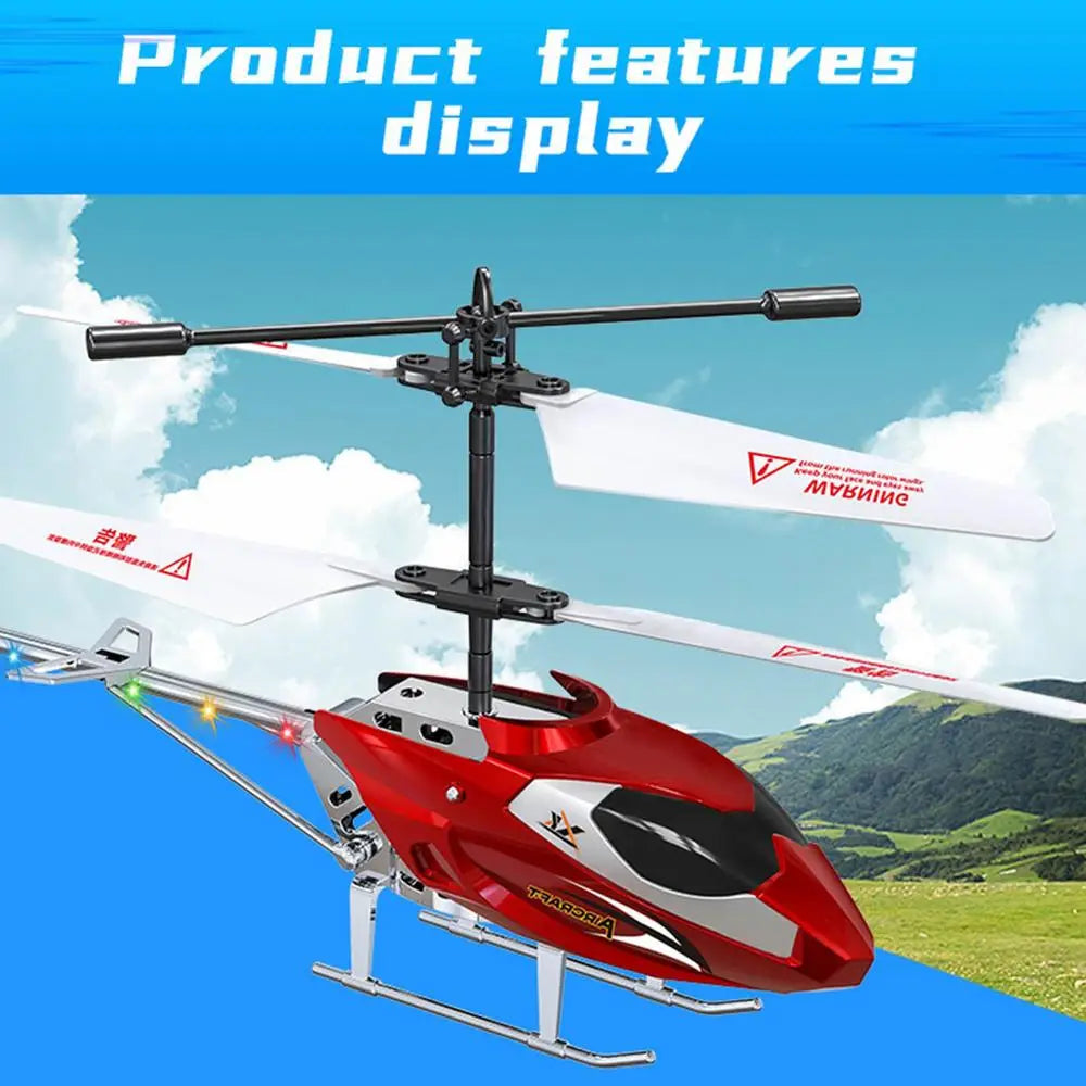 Remote control helicopter for kids featuring a red and silver body with white blades and red branding designed for easy flight.