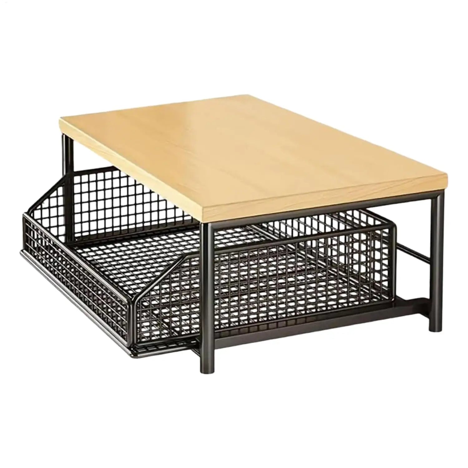 Black metal mesh kitchen countertop organizer shelf with a light wood top and two pull-out storage trays for efficient kitchen storage.
