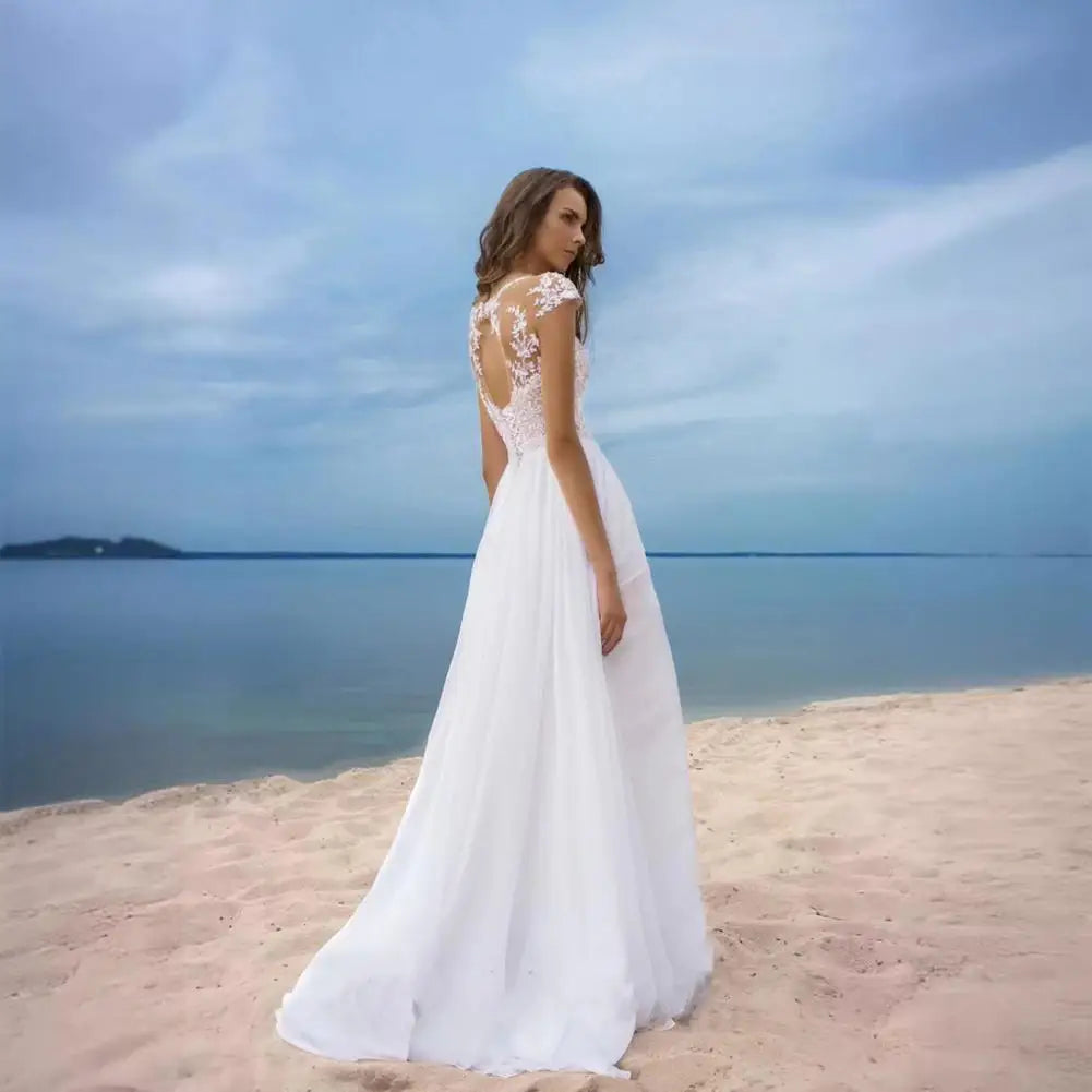 White Bridesmaid Dress Boho A-line Wedding Dress for Bride Lace V-neck Evening Gown with Chiffon Slit for Bridesmaid for Women