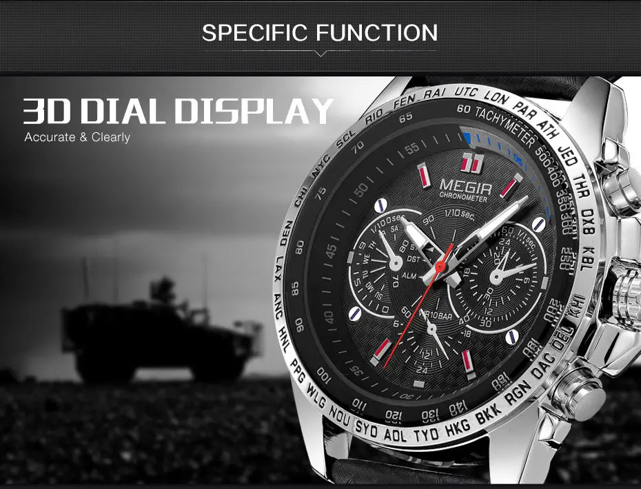 Silver-toned Megir 1010 men quartz chronograph watch with a black dial, red and silver hands, multiple subdials, and a tachymeter scale on the bezel.