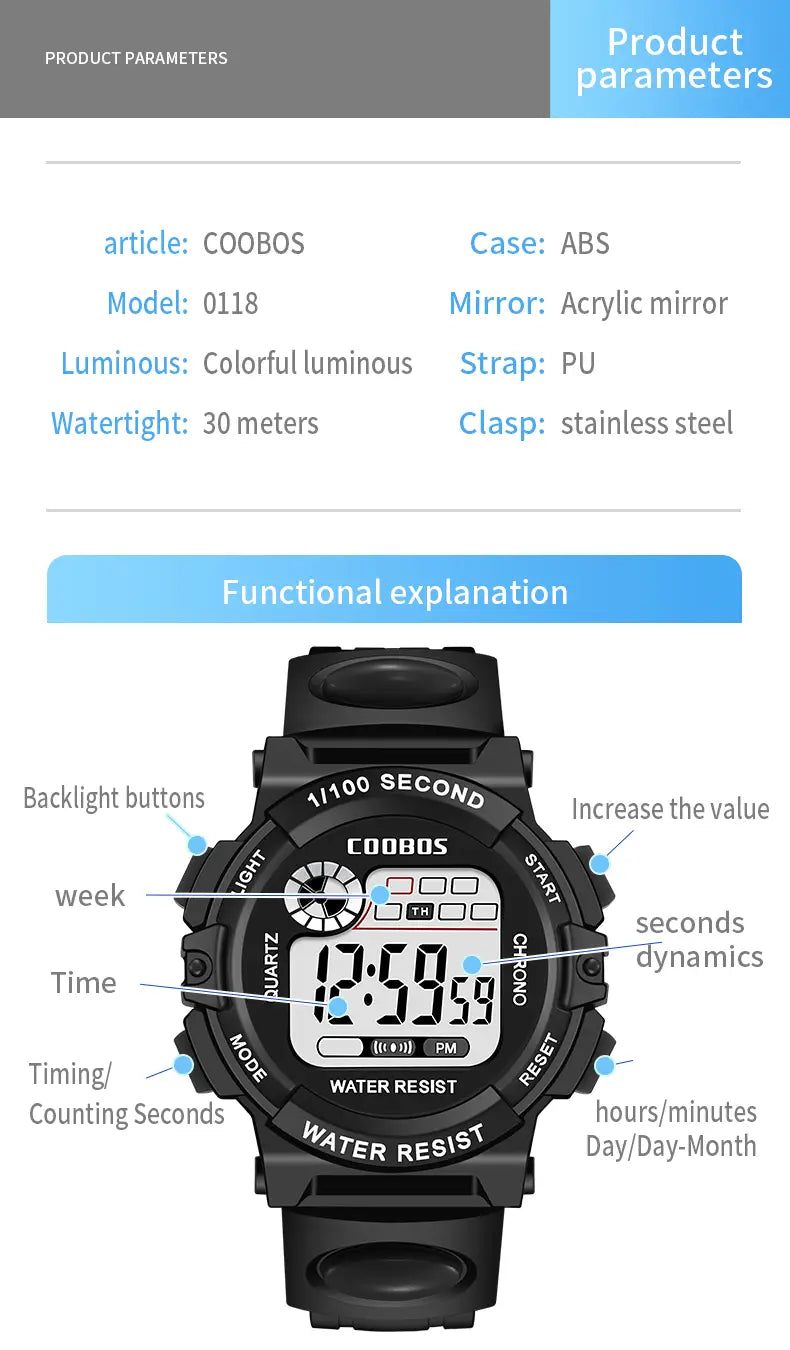 Black Coobos kids watch digital waterproof LED sports wristwatch with a durable ABS case, acrylic mirror face, and PU strap designed for active children.
