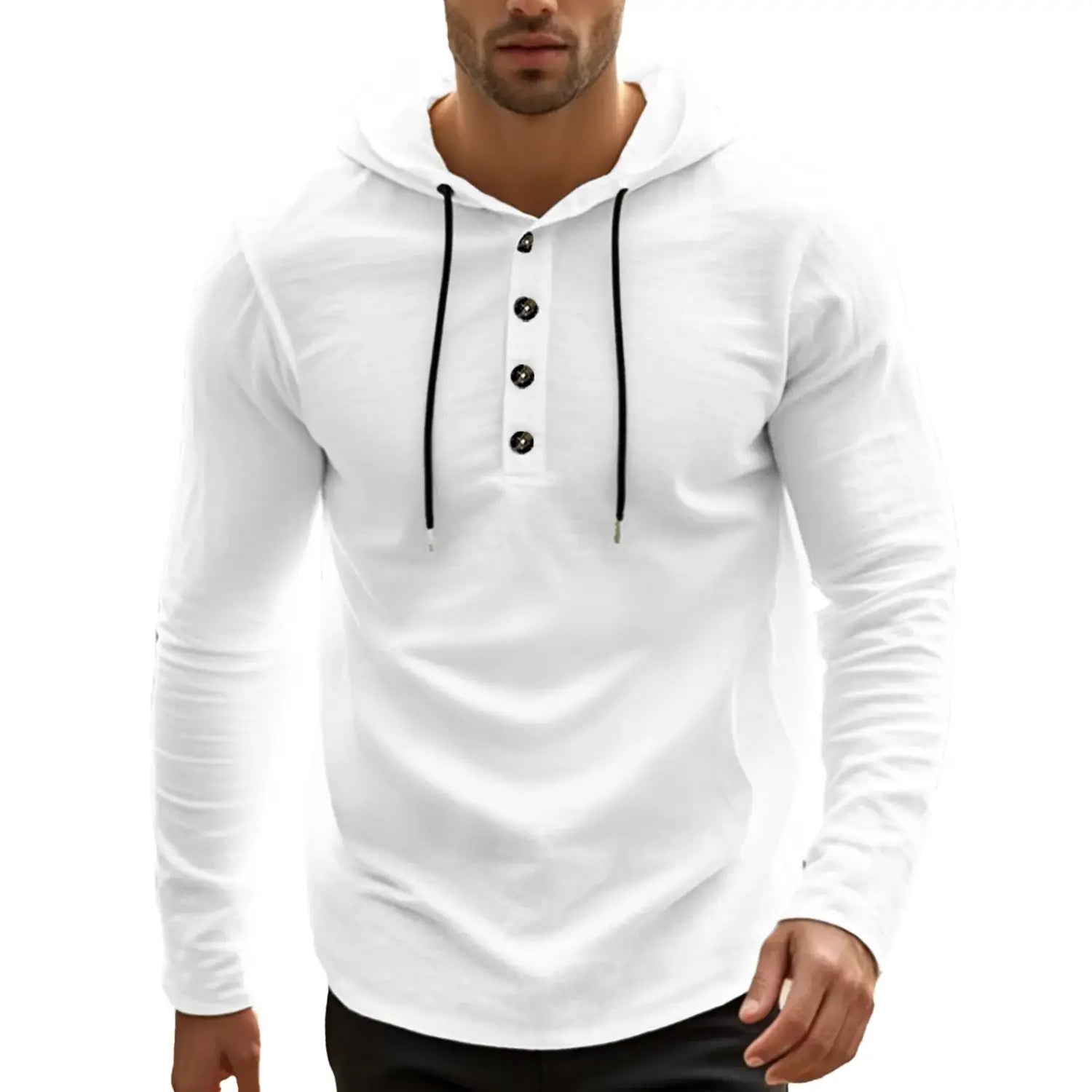 White men cotton linen hooded henley shirt featuring long sleeves black drawstrings and a button placket.
