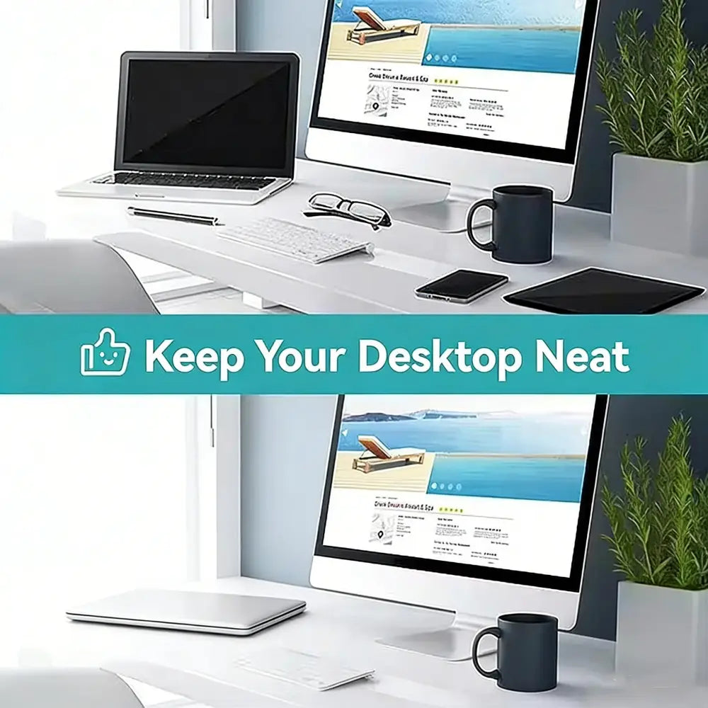 White minimalist desk organizer made of smooth material featuring an adjustable width opening size designed as a laptop and tablet stand.