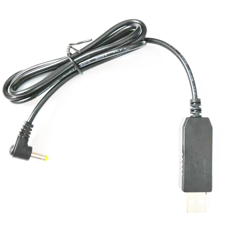 Black usb charger cable for Baofeng radio with a 90-degree angled connector and molded plastic housing for durable power adapter connection.
