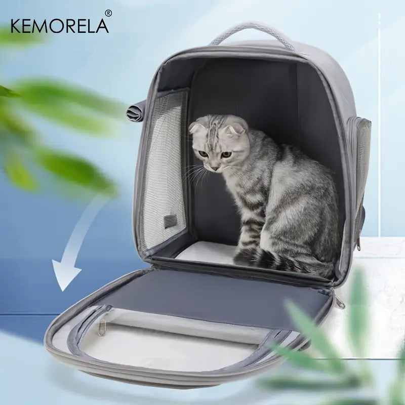 Mochila plegable para transportín de mascotas de malla gris Kemorela con laterales de malla transpirable y un interior suave, diseñada para el transporte seguro de animales pequeños