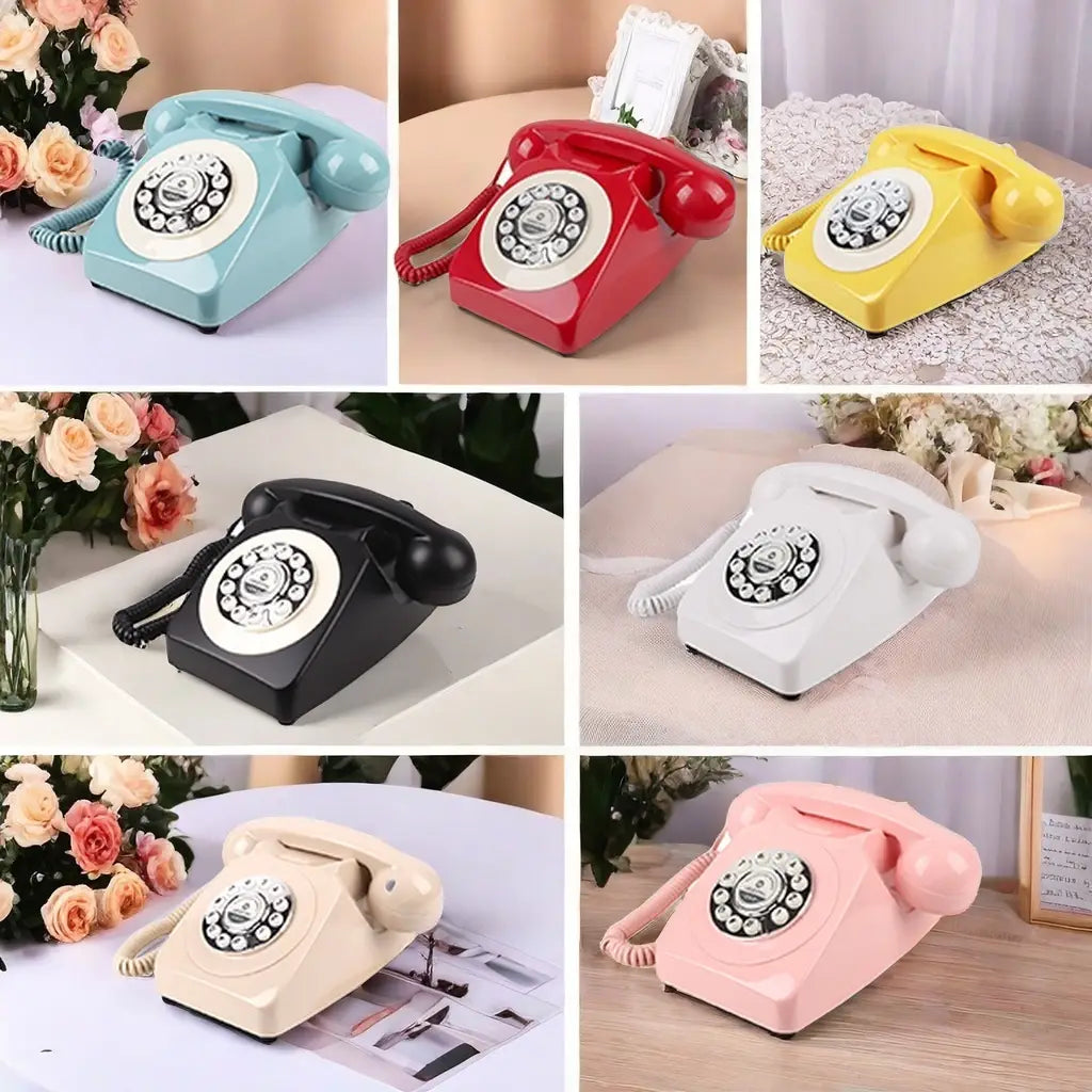 Teléfono de registro de audio antiguo para bodas y eventos con un teléfono rotatorio azul pastel con acabado brillante y un dial circular color crema.