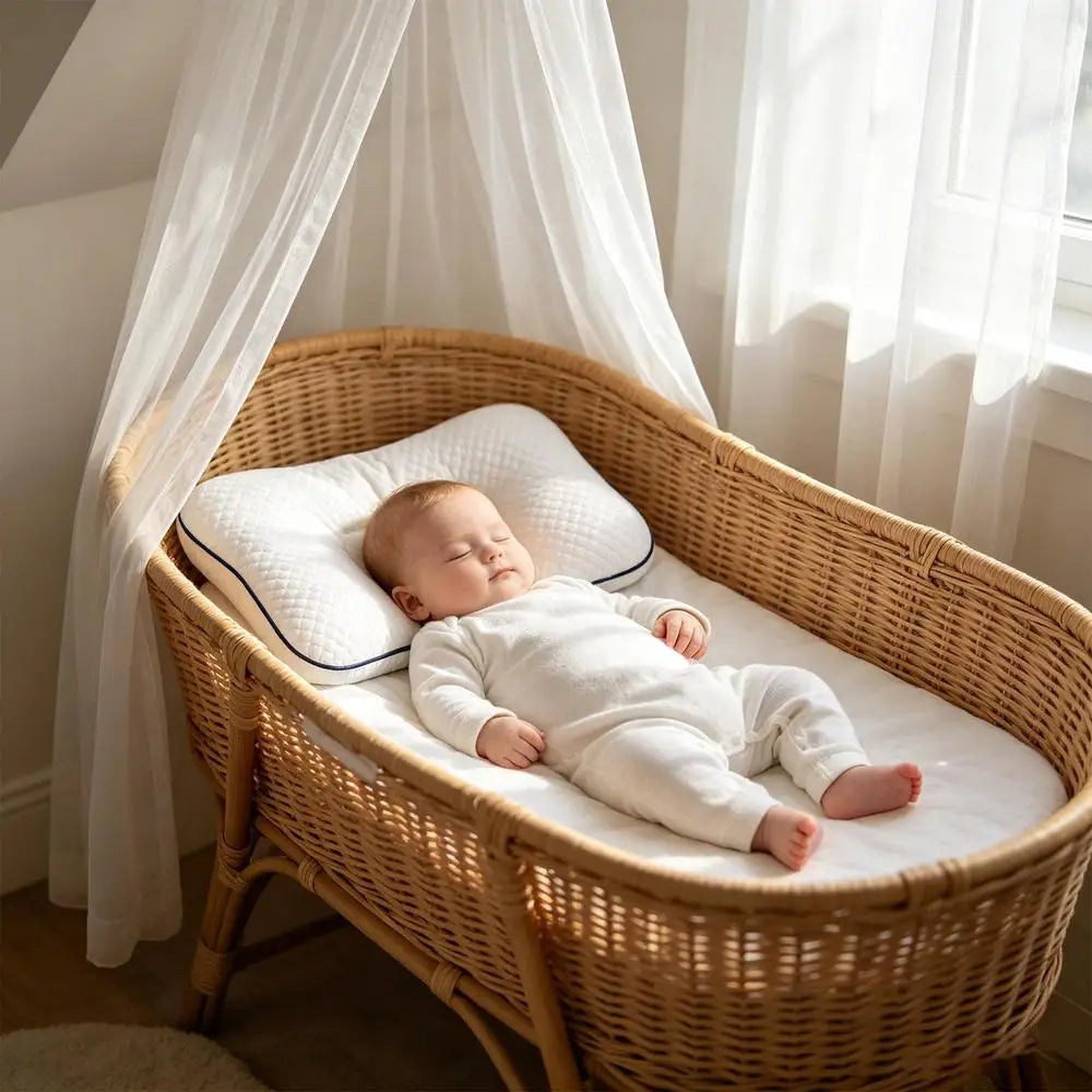 Ein Baby schläft friedlich in einer natürlichen, geflochtenen Wieg aus Weidengeflecht mit weichem weißem Bezug und einem ergonomischen Kinder-Kissen aus Memory-Schaum für den Nackenstützbereich.