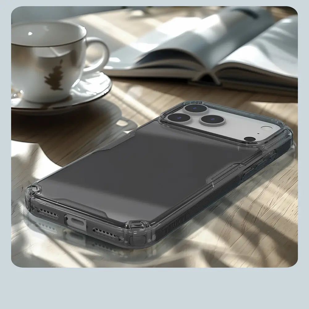 transparent phone case with dark gray back panel made of nature tpu pro material designed for iphone 17 series with three rear cameras showing the back side