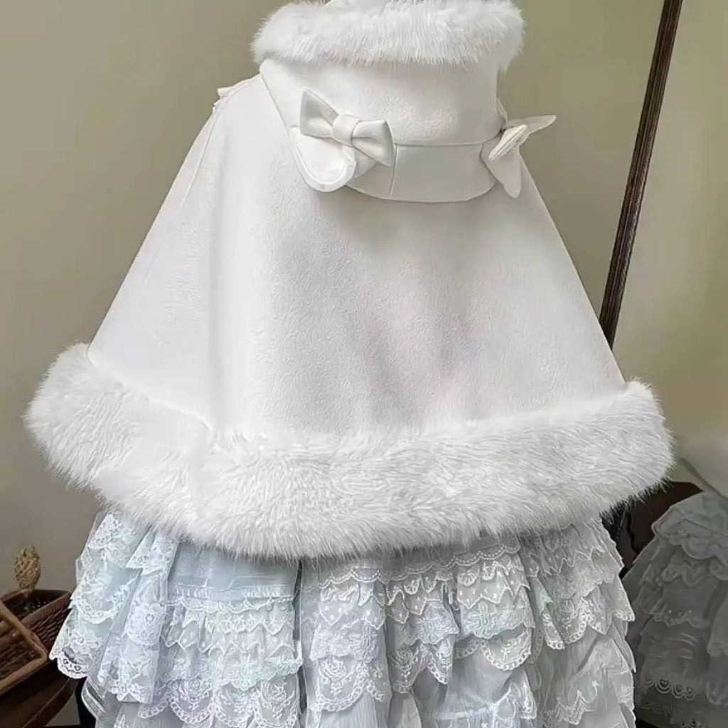 Women Autumn Winter Japanese Bow Ruffles Ponchos Lolita Style Sweet Kawaii Capes Coat Vintage Warm Comfy Outerwear Clothing