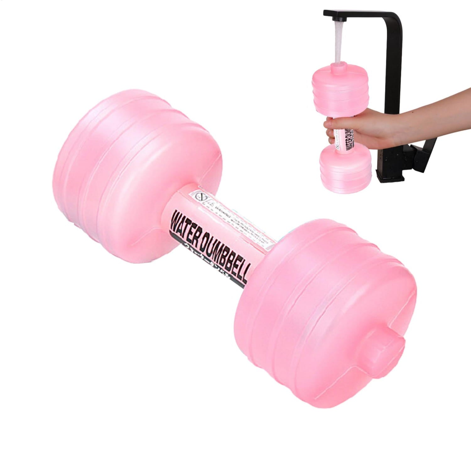 携帯用アクアフィットネス用の器具として設計された、「water dumbbell（ウォーターダンベル）」と表記されたピンク色のプラスチック製ウォーターボウルダンベル。