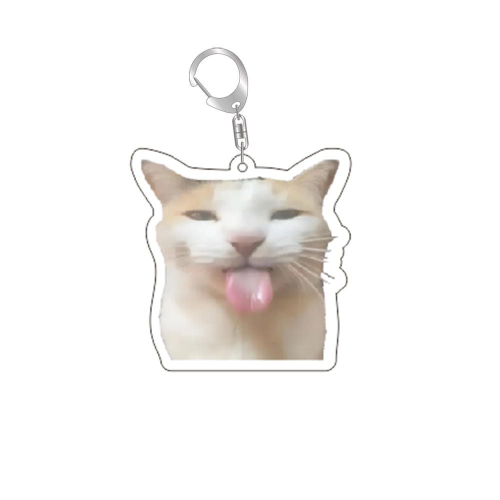 Clear acrylic cat meme keychain featuring an orange and white tabby with its tongue out printed on a cat-shaped design.