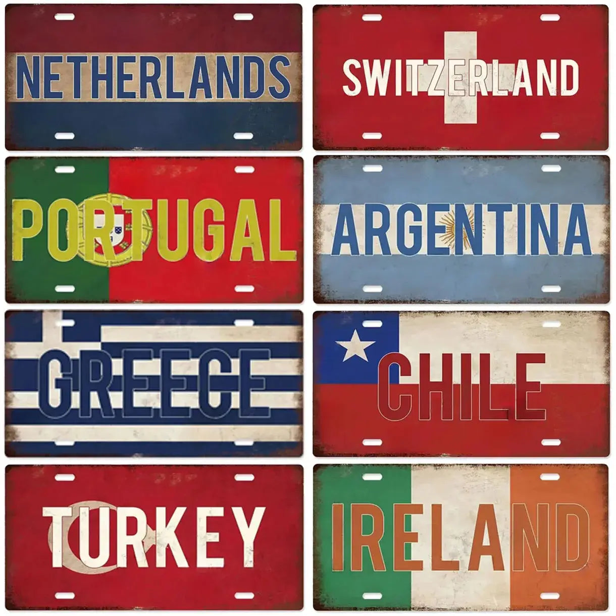 Set of six vintage-style metal license plate coasters featuring colorful national flags and country names including India for wall decor and tabletop use.