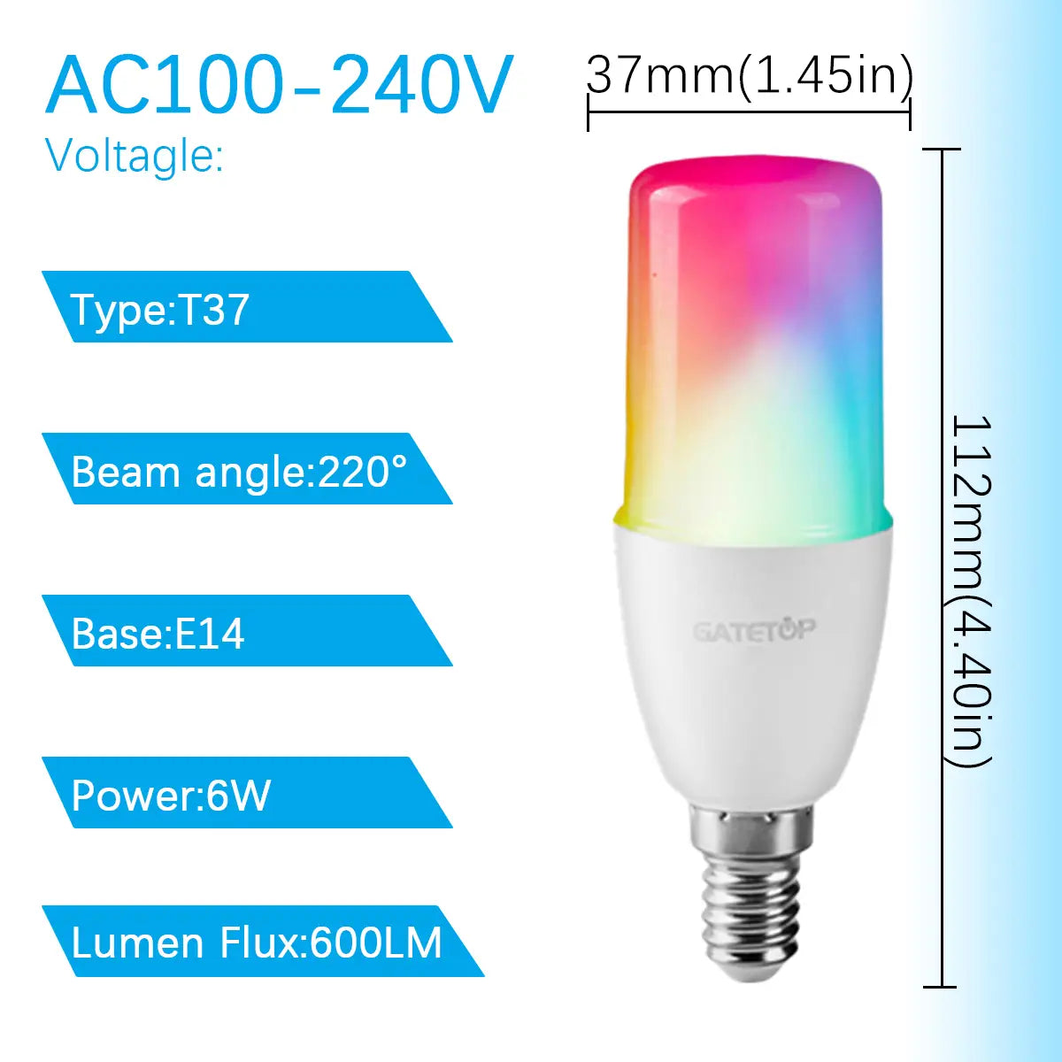 A white cylindrical led bulb with an e14 base featuring a colorful gradient light effect designed as a dimmable rgbw color changing spotlight.