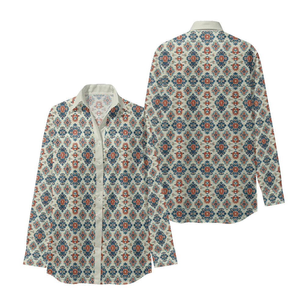 Ethnic-Inspired Long-Sleeve Women Shirt with Aztec Geometric Pattern Printed Front 2 Pockets Button-Up Retro Tribal Casual Style