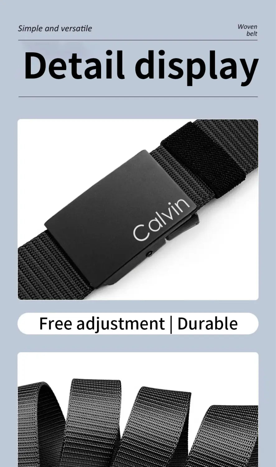 Men canvas belt automatic buckle in black featuring a black woven design and a sleek matte-finish metal buckle engraved with the calvin brand name for casual use.