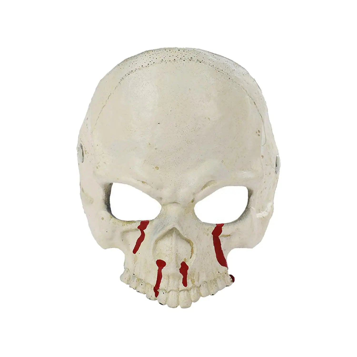 A white plastic halloween half face mask featuring red painted blood streaks running from the eye sockets to the jawline designed as a bloody skull costume prop.