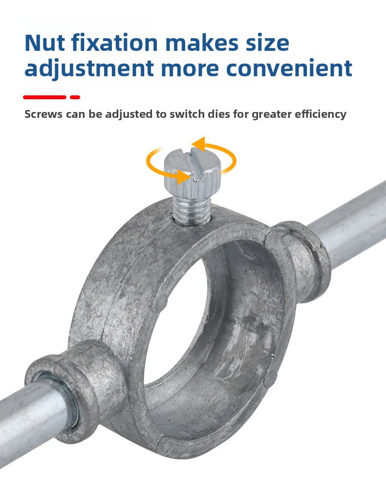 Gray metal pipe clamp with adjustable screw for size customization featured in a tap and die set thread cutting tool kit.