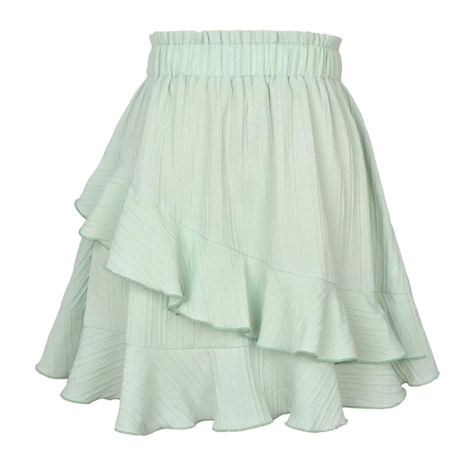 High waist ruffle mini skirt in light mint green tiered textured fabric with an elastic waistband.