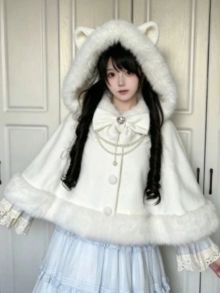 Women Autumn Winter Japanese Bow Ruffles Ponchos Lolita Style Sweet Kawaii Capes Coat Vintage Warm Comfy Outerwear Clothing