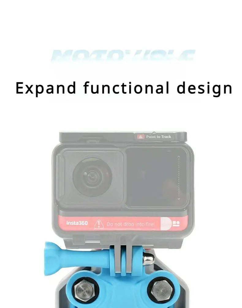 blue plastic motorcycle wireless charging phone mount with silver hex bolts securing a gray insta360 camera housing