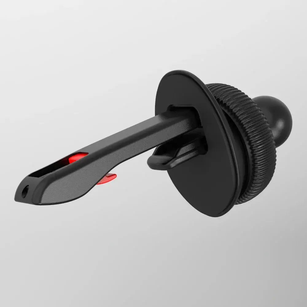 Soporte para teléfono en rejilla de ventilación del automóvil negro con detalles de acento rojo y empuñadura de agarre texturizada, con cabeza de bola de 17 mm.