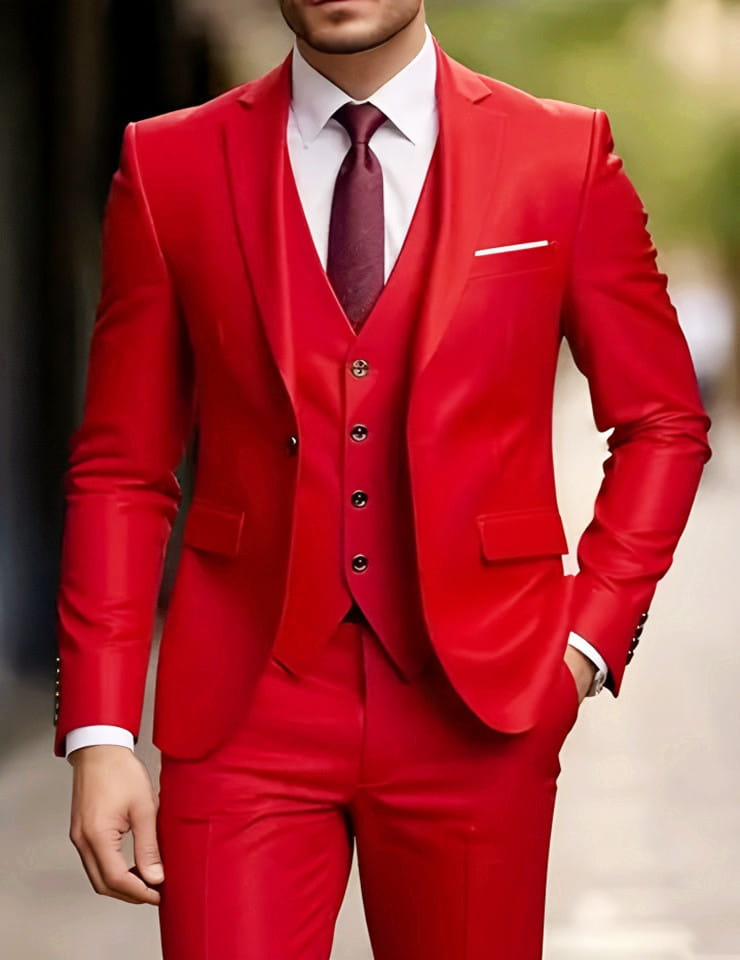Ein auffälliger roter Dreiteileranzug mit elegantem, maßgeschneidertem Sitz und passender Weste, einreihige Verschlussart.