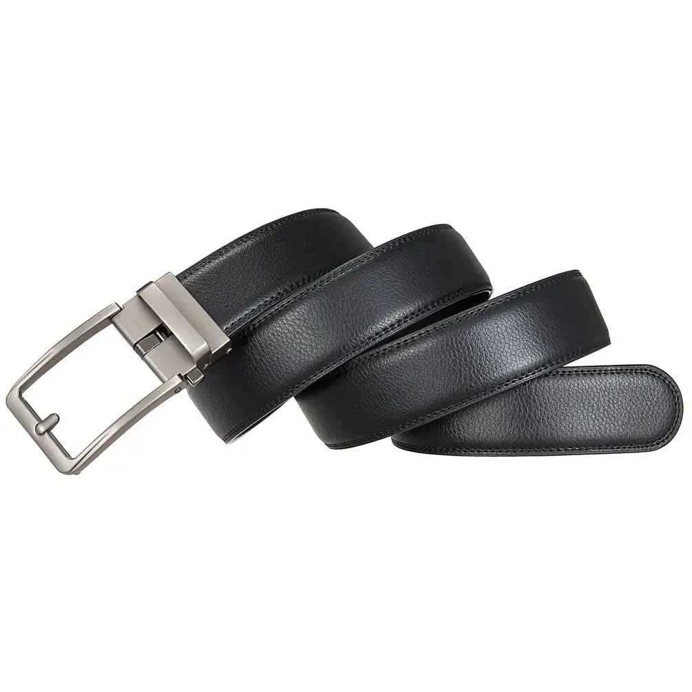 Ceinture de robe automatique en cuir pour homme, noire, avec une boucle automatique ton argent et un matériau en cuir véritable.