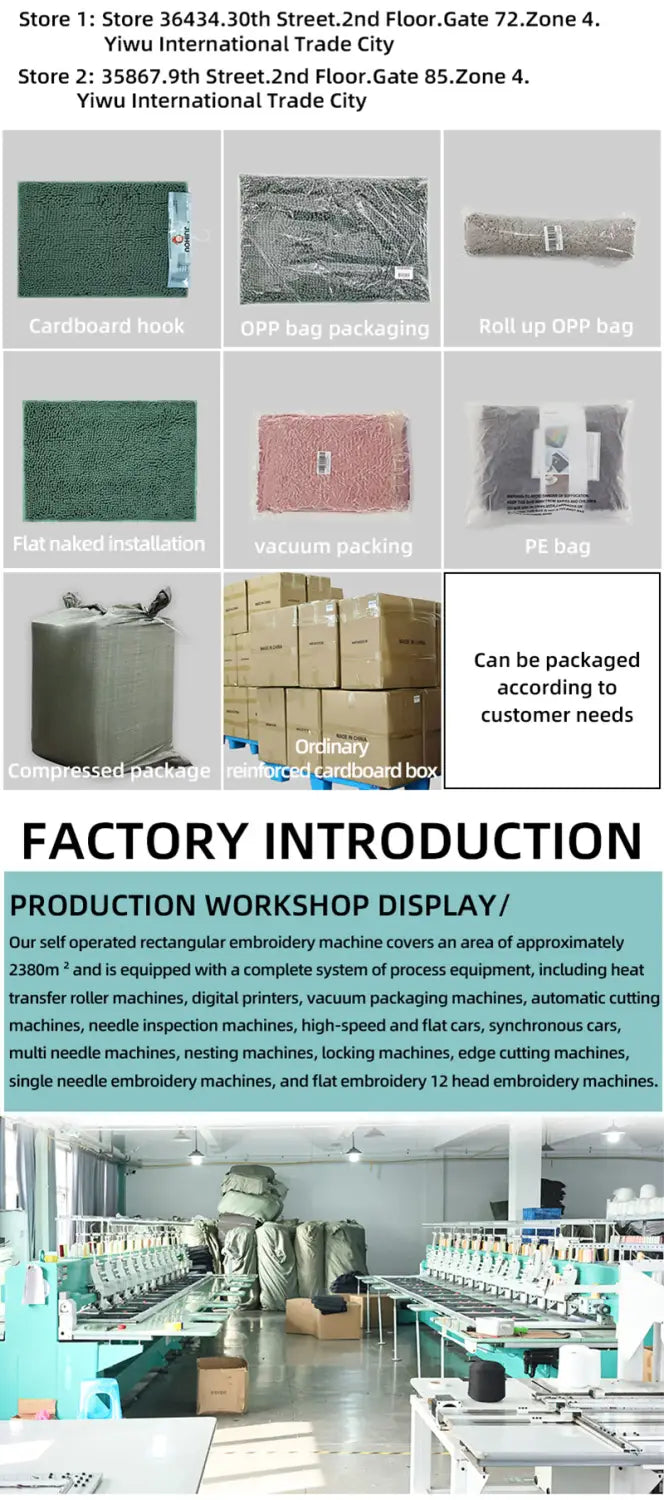 Présentation de l’atelier d’usine montrant des rangées de machines à broder et des matériaux d’emballage utilisés pour produire le tapis de bain antidérapant en mignon dessin animé Bubu Dudu.