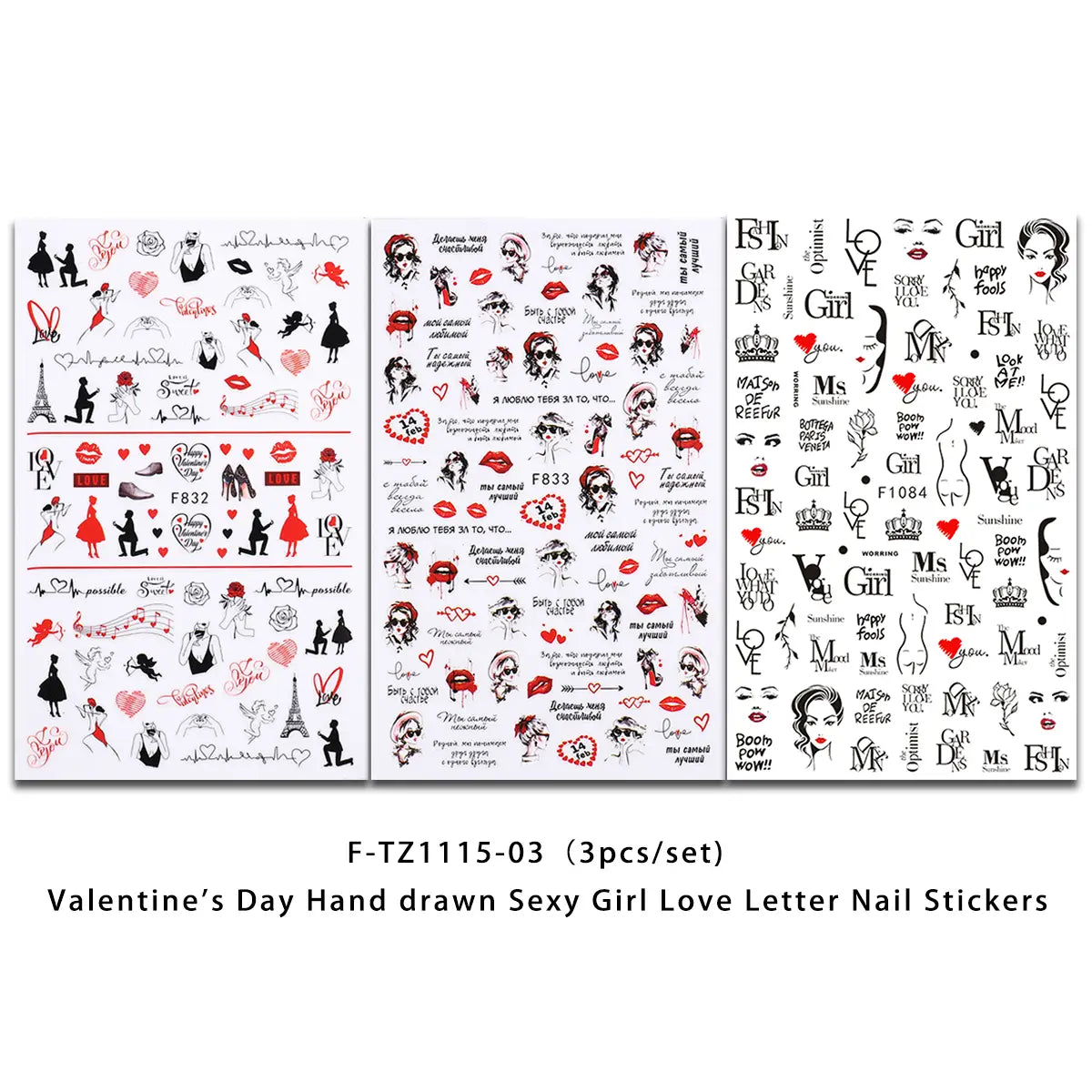 Pegatinas para uñas de San Valentín que presentan cartas de amor de chica sexy dibujadas a mano en negro y rojo sobre papel blanco, diseñadas para calcomanías de arte floral de corazón DIY.