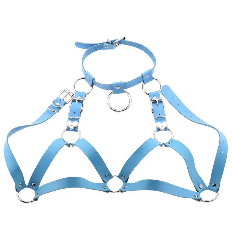 Light blue faux leather goth body harness with silver metal rings and heart-shaped clasps designed as body jewelry.