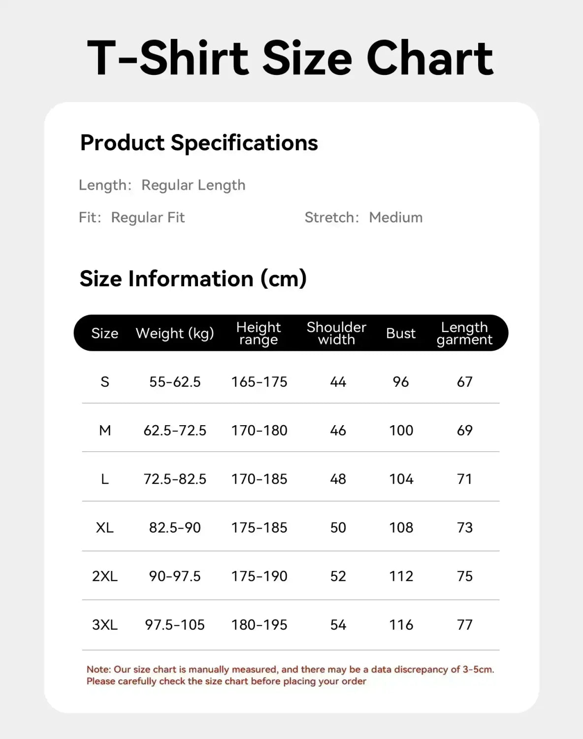 T-shirt size chart for graphic print oversized men short sleeve t shirt showing measurements for sizes S through 3XL including weight, height range, shoulder width, bust, and garment length specifications.