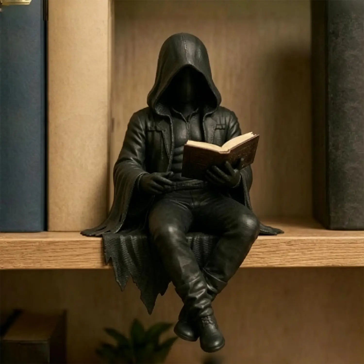 Dunkel bronzefarbene Gothic-Leserfigur einer kapuzengetragenen Gestalt, sitzend und lesend, mit einem Buch gestaltet als unheimliche Bücherregal-Statue.