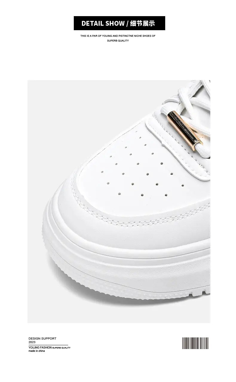 Men white high top platform sneaker with perforated upper and chunky metallic gold buckle strap.