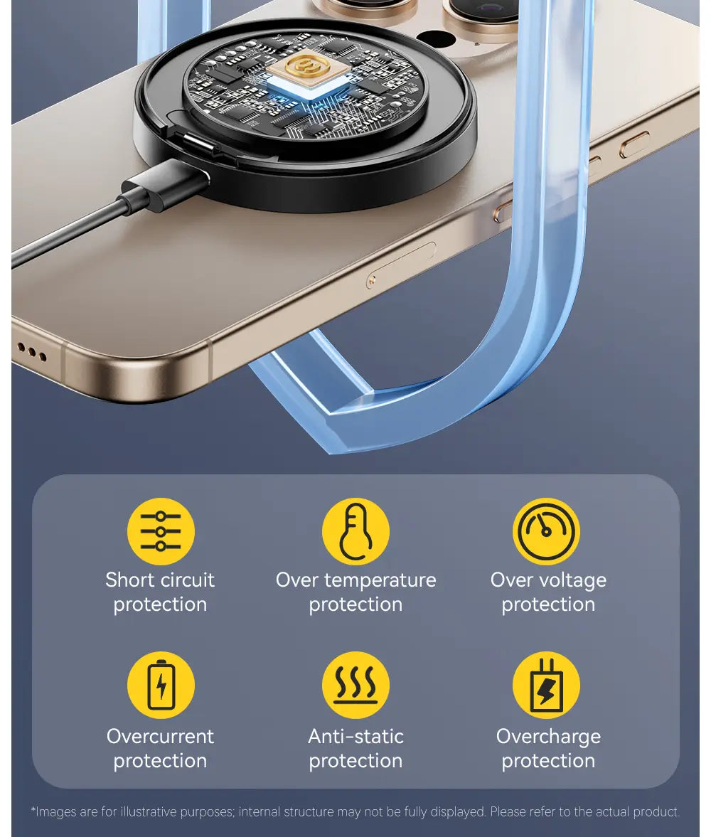 Essager magnetic 15w wireless charger stand is a black circular charging pad with a visible circuit board and a gold-colored phone placed beneath it.