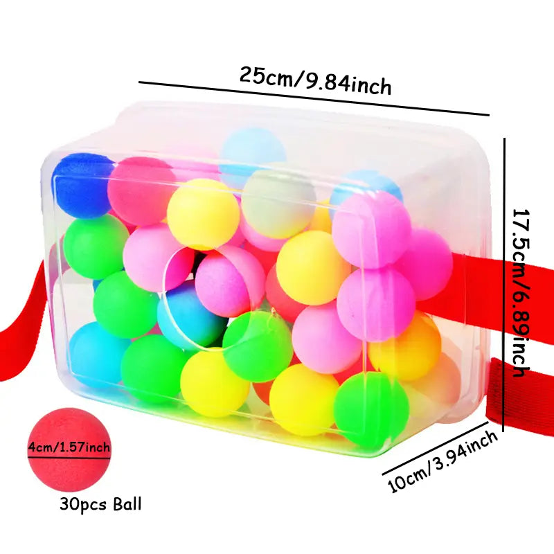 A clear plastic container filled with 30 colorful foam balls in vibrant pink blue green yellow and orange for the Shaking Swing Balls Party Game Set.