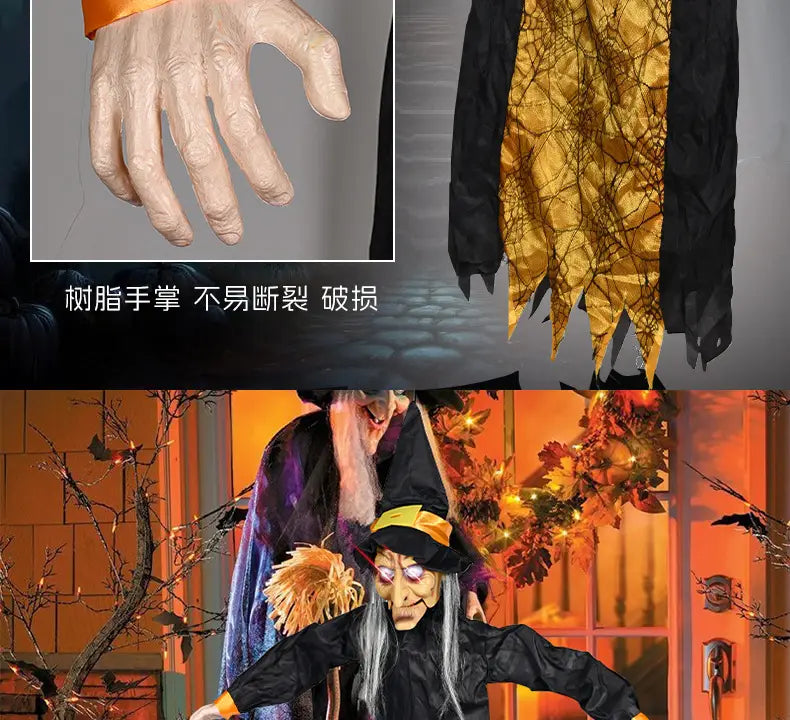 figurine animée de sorcière d’Halloween suspendue pour maison hantée, avec une robe noire, une écharpe à motifs or et noir, de longs cheveux gris et des yeux violets lumineux, idéale pour des jouets électriques hantés ou des installations de maison hantée de jouets.