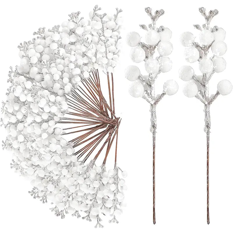 white frosted berry clusters on silver-frosted branches attached to slender brown sticks in a 20pcs christmas decoration glitter berries flower bouquet