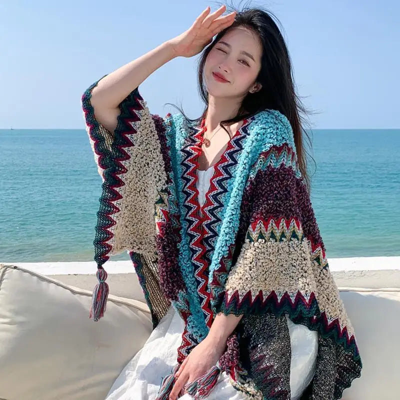 Ethnic Style Cape Oversized Sweater Jacket Women Fashion New Loose Patchwork Warm Long Scarf Knitted Cardigan Woman