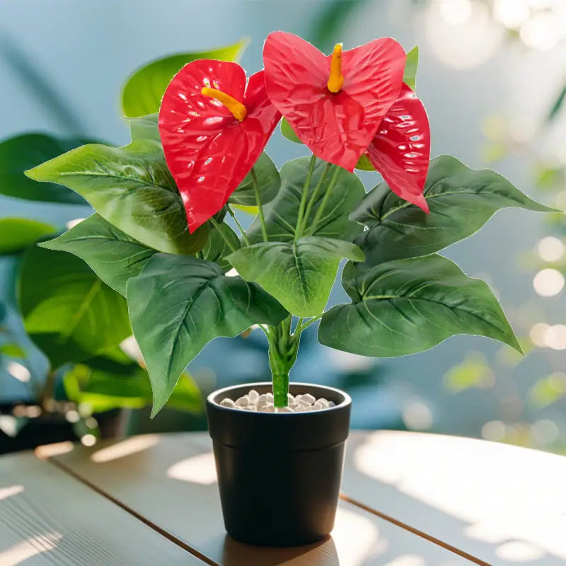 Artificial red anthurium potted plant with vibrant glossy heart-shaped blooms and deep green leaves in a sleek black ceramic container.