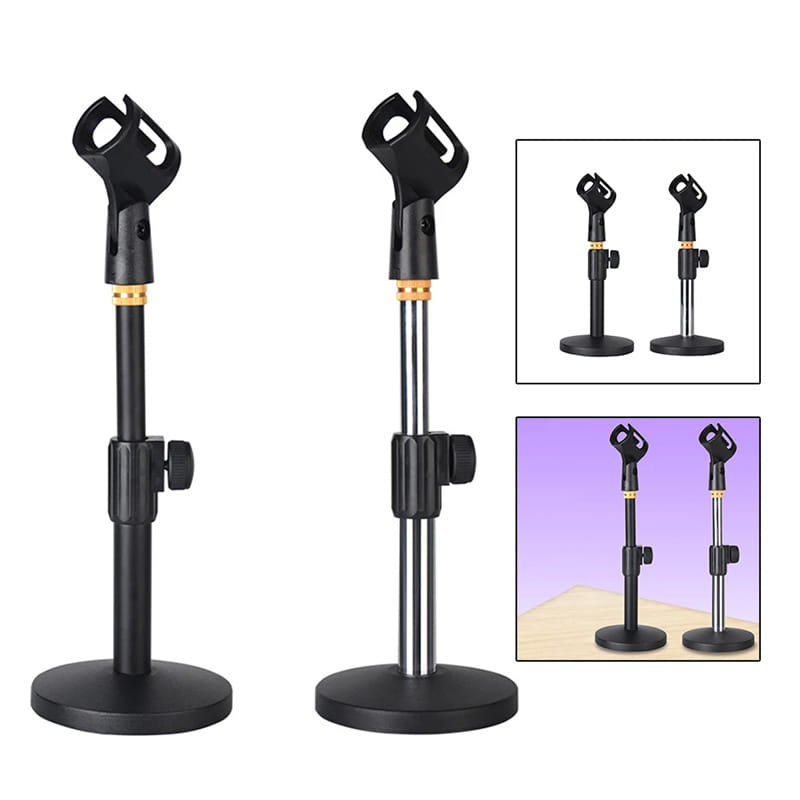 Support de micro de bureau réglable avec corps en métal noir, hauteur réglable et bague d’accent de couleur dorée près du haut, pour un montage sur table.