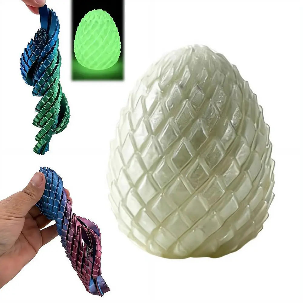 Articulated dragon egg fidget toy in translucent white with a glow-in-the-dark textured interlocking scale pattern shown from the front.