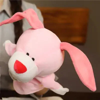 Pink plush bunny hand finger puppet with long ears red nose and white facial accents from educational baby toys lion elephant bunny set.