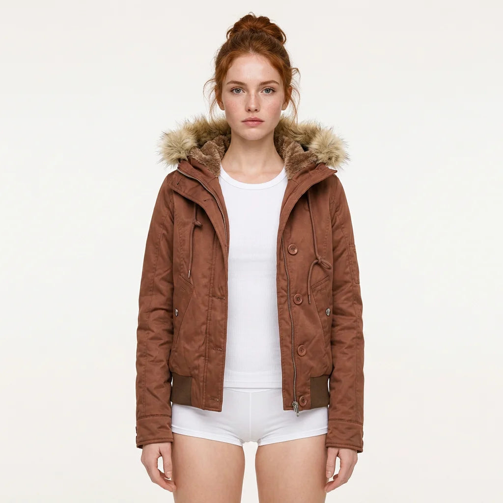Women Winter Thick Fleece Lined Hooded Jacket Faux Fur Collar Zip Button Closure Solid Casual Warm Outerwear Pockets Female Coat