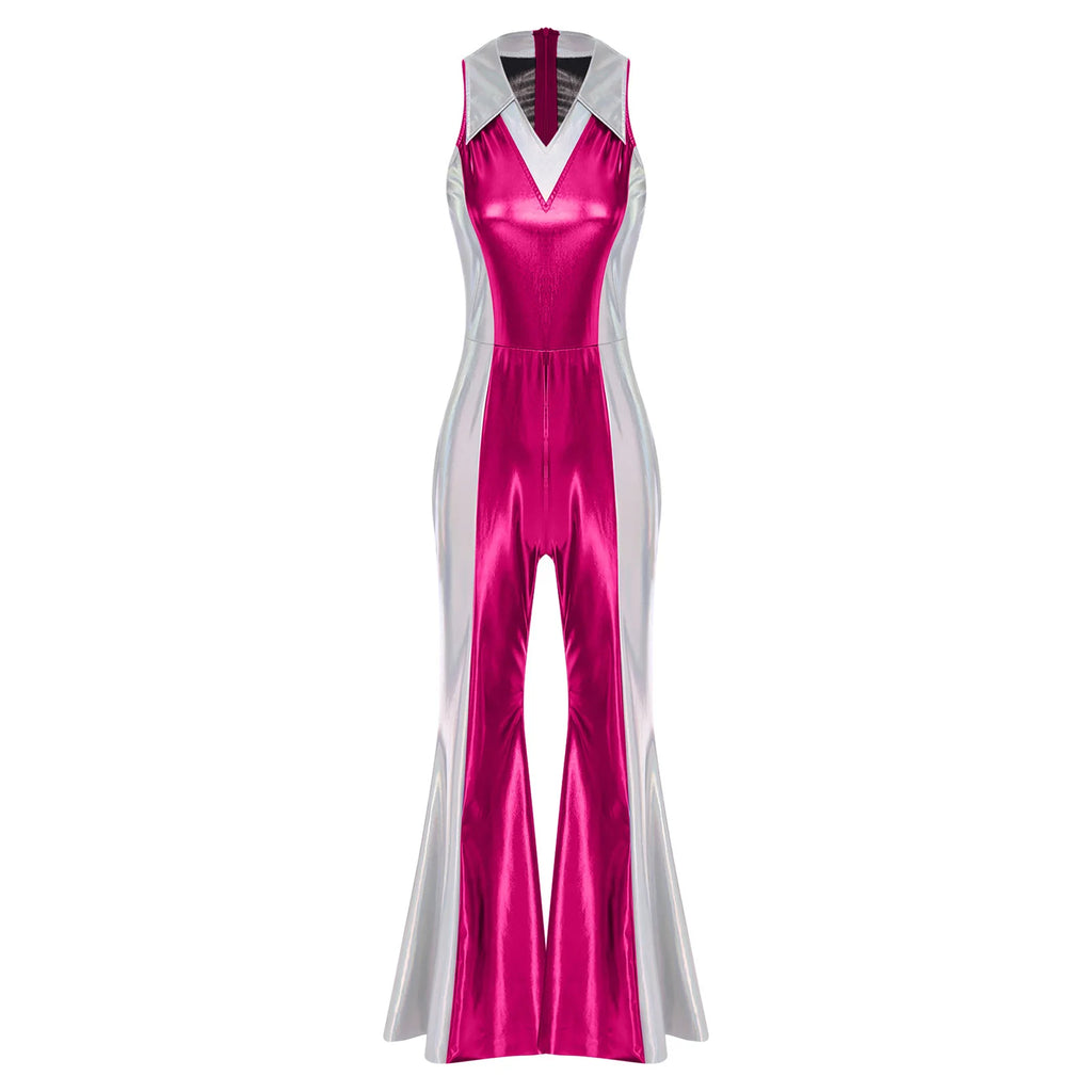 Womens Metallic Shiny 70s Disco Hippie Costume Clubwear Party Overalls Bell Bottom Jumpsuit V Neck Flared Long Pants Rompers