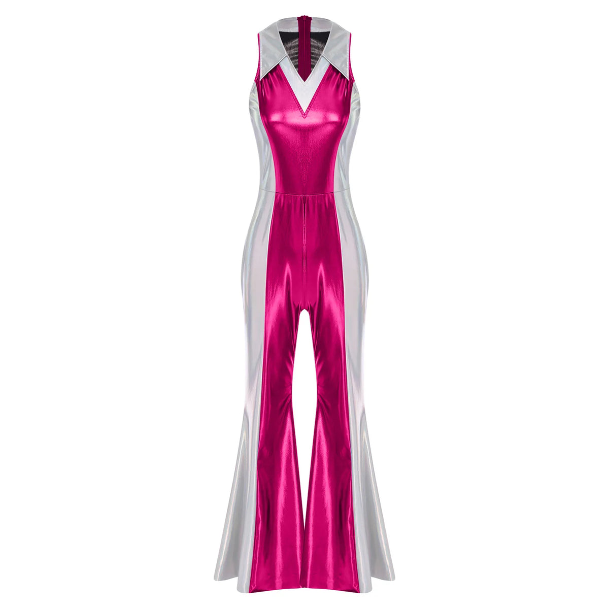 Womens Metallic Shiny 70s Disco Hippie Costume Clubwear Party Overalls Bell Bottom Jumpsuit V Neck Flared Long Pants Rompers