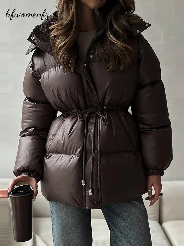 Women's Hooded Winter Jacket Drawstring Waist Cinched Long Sleeve Zip Up Solid Warm Padded Coat 2026 Fashion Lady Thick Parkas