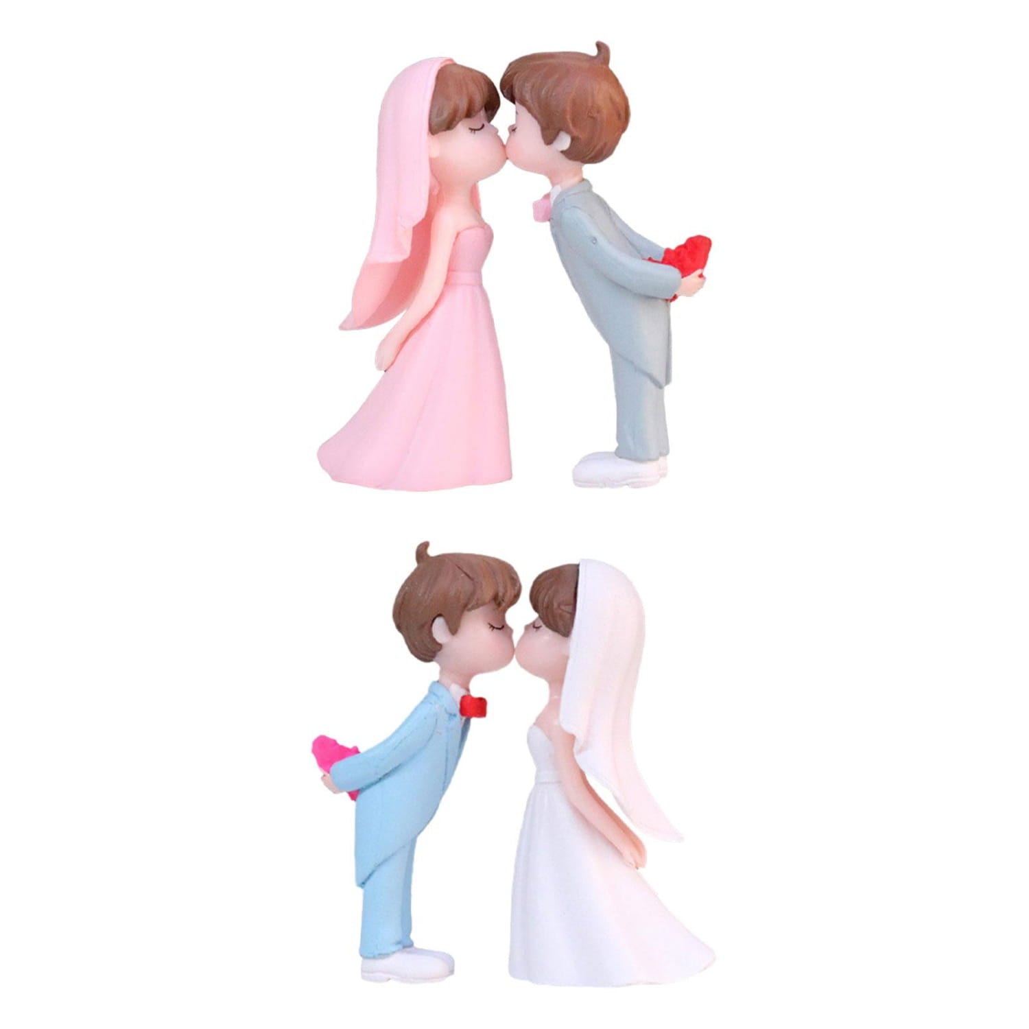 Hochzeitskuchenaufsatz Bräutigam und Braut aus Harz, in pastellrosa- und blaufarbenen Outfits, wobei eine Person ein rotes Herz hält.