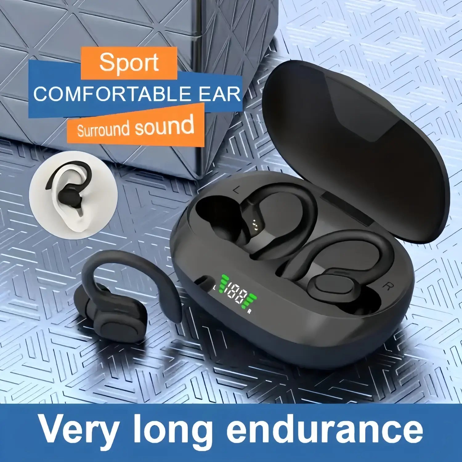 Écouteurs sans fil noirs avec attache d’oreille, d’un design ergonomique élégant, et boîtier de charge ouvert affichant des indicateurs LED verts.