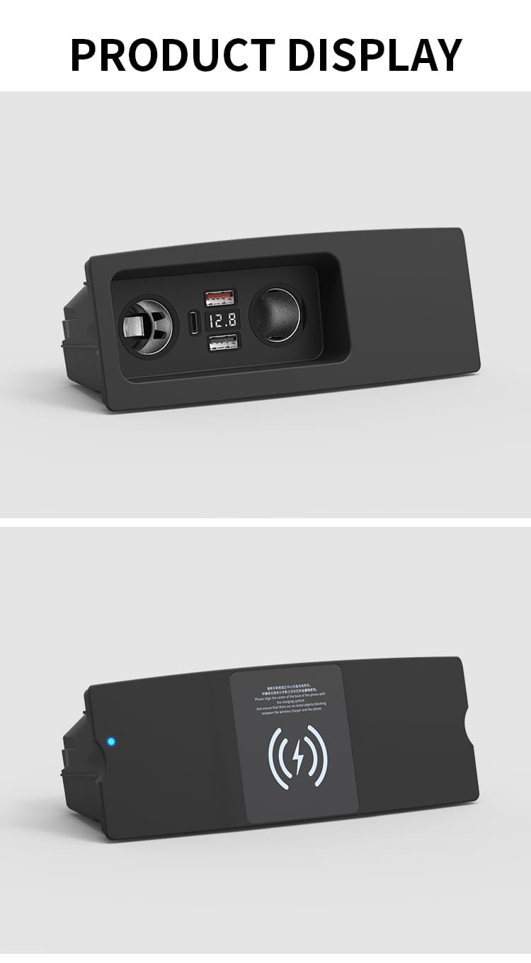 Black rectangular car infotainment panel with integrated usb ports, 12.8v power outlet, and wireless charging pad with white lightning bolt symbol designed for Audi A6 C7 Rs6 S7 Rs7 wireless car charger pad.