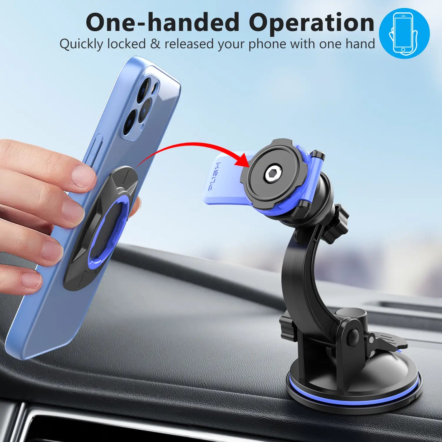 blue and black magnetic car phone mount with adjustable arm for one-handed operation and 360 rotation dashboard holder
